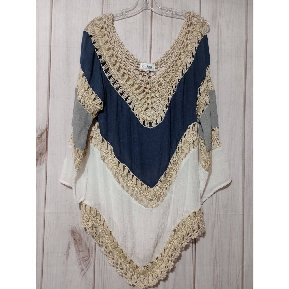 Arianna Shirt Ladies Large Blue Tan Crochet Sheer